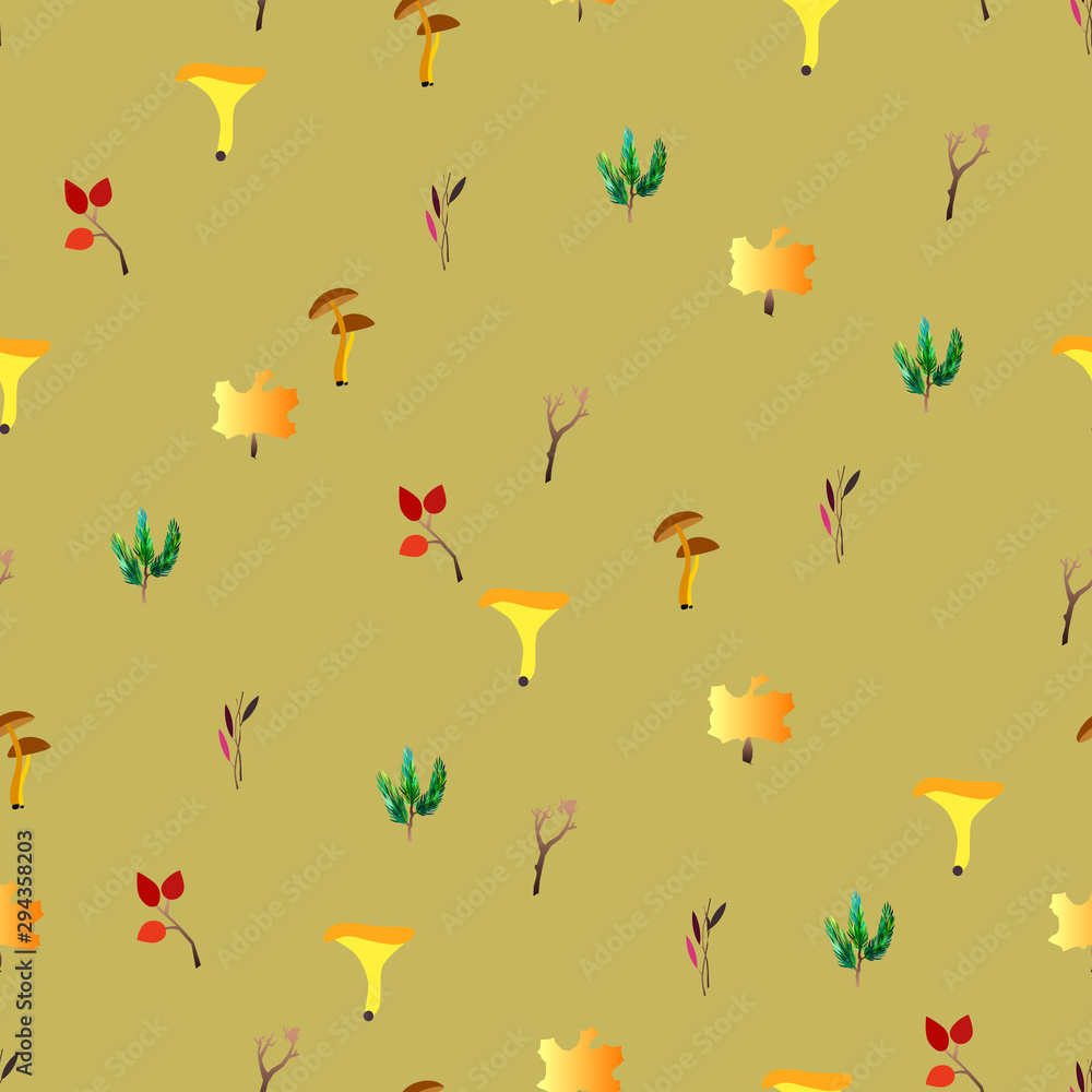Fototapeta premium Autumn vector seamless pattern with berries, acorns, pine cone, mushrooms, branches and leaves.