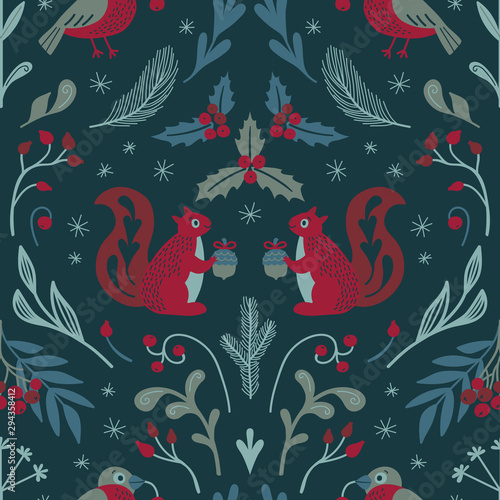 Cute seamless Christmas pattern with squirrels  bullfinches and winter flora. Vector.