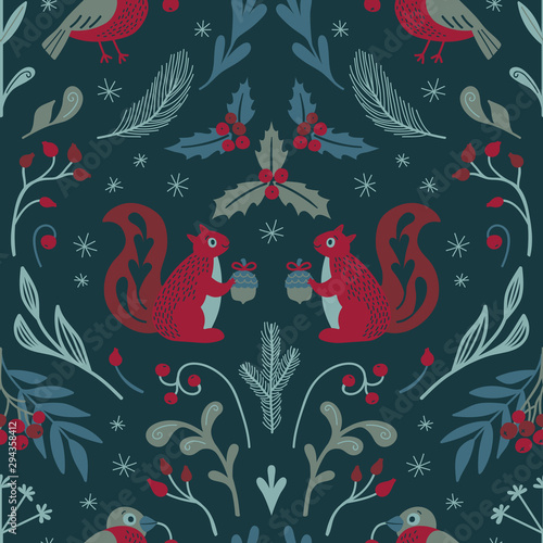 Cute seamless Christmas pattern with squirrels, bullfinches and winter flora. Vector.