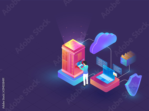 Data Management or Security concept based isometric design with illustration of web server connected with cloud server and security shield on blue background.