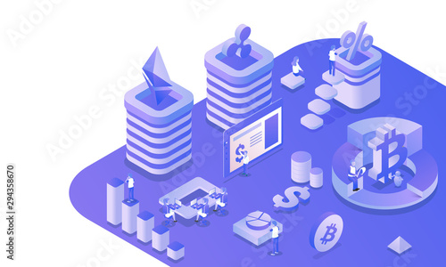 3D isometric virtual currency exchange platform with illustration of working people execute the data for landing page design.