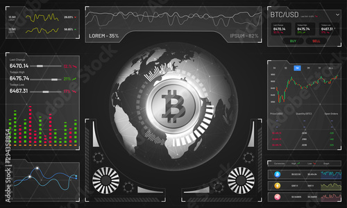 Head-up display of a bitcoin trading platform, cryptocurrency exchange platform concept.