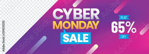 Cyber Monday Sale header or banner design with 65% discount offer on shiny purple background with space for your product image.