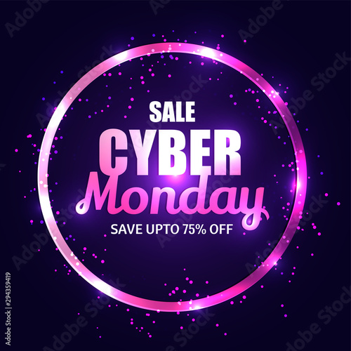 Shiny purple text Cyber Monday Sale with 75% discount offer on black background. Advertisement concept template or flyer design.