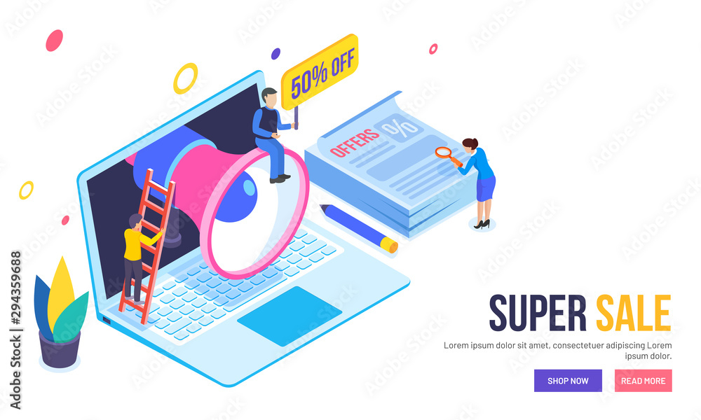 Isometric laptop with megaphone for advertisement, lady buyer searching best discount offers or deal, Super Sale web template or hero banner design.