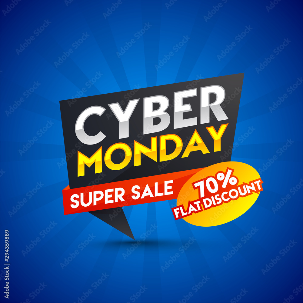 Super sale ribbon or tag with flat 70% discount offer on blue ray background for Cyber Monday sale.