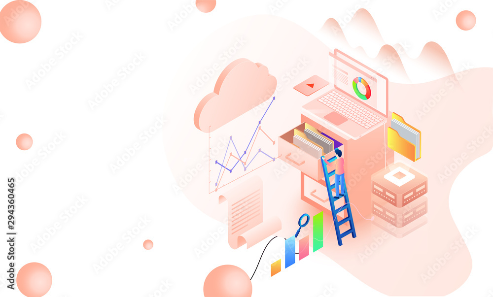 Data manage concept with isometric illustration of laptop connected with web server, man climbing on ladder for folder or data storage. Data manage concept with isometric illustration of laptop connected with web server, man climbing on ladder for folder or data storage.