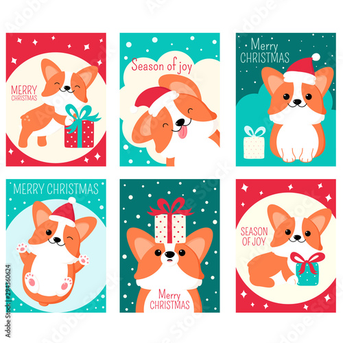 Set of Christmas gift tag, card, badge, sticker with cute corgi