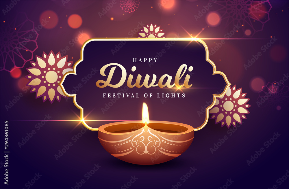 Indian Festival Diwali celebration background with illustration of illuminated oil lamp on shiny bokeh effect background.