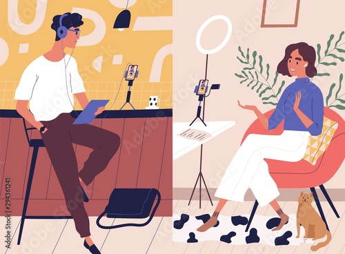 Live streaming, broadcast flat vector illustration. Male and female social media network bloggers collaboration. Vloggers cartoon characters. Interview, podcast, video recording in studio.