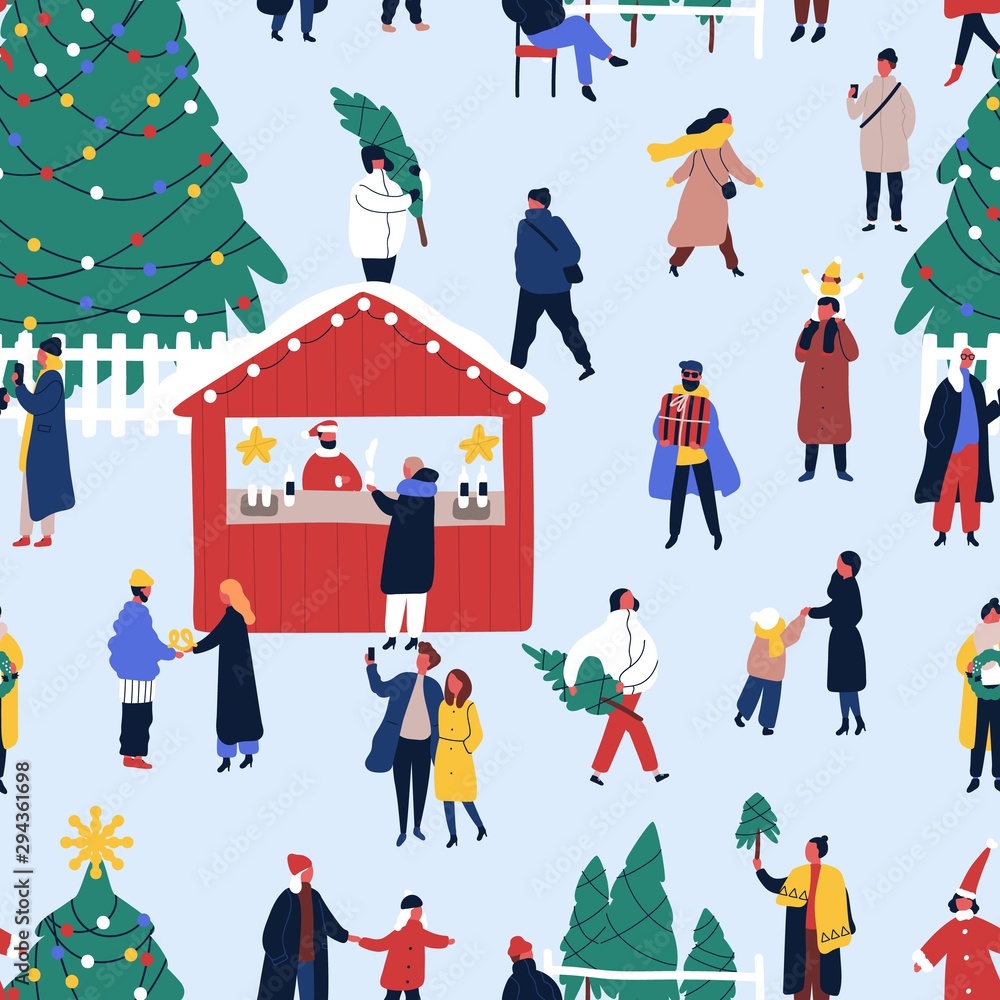 Christmas fair flat vector seamless pattern. Winter holidays festive backdrop. People buying hot drinks, fir trees background. New Year celebrating preparations wrapping paper cartoon design.