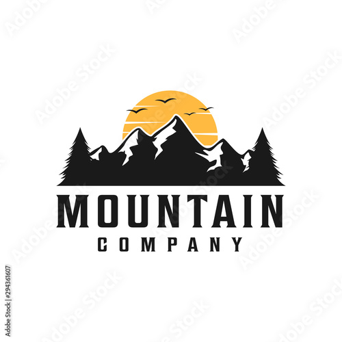 Mountain, outdoor, adventure retro logo with the sun