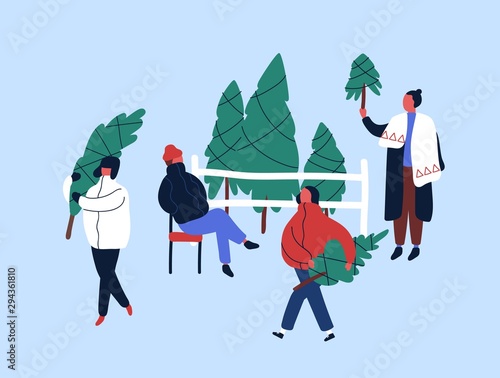 Christmas tree buying flat vector illustration. Winter season holidays preparation. People choosing traditional New Year festive tree. December shopping. Pine and fir sale isolated design element.