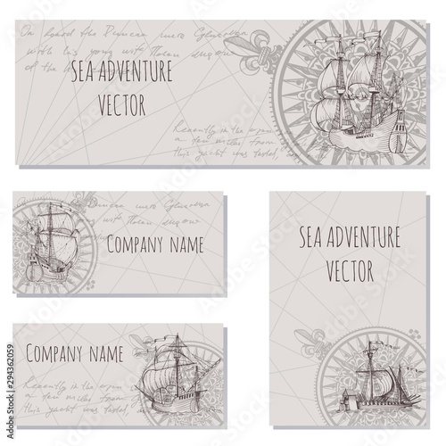 Old caravel, vintage sailboat. Sea adventure vector background. Doodles design elements business cards, banners, menu