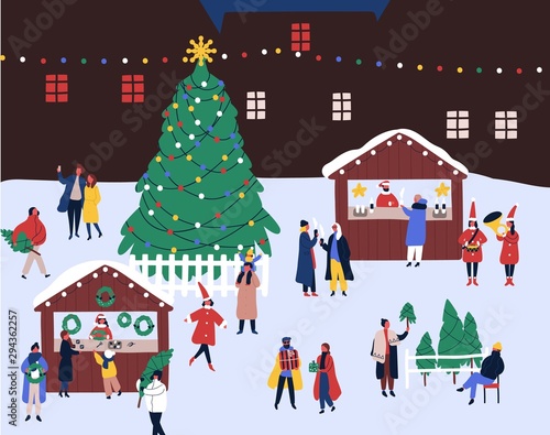 Christmas fair flat vector illustration. Winter holidays outdoor celebration. People buying hot drinks outside. New Year preparations. Fir trees stall sellers and buyers cartoon characters.