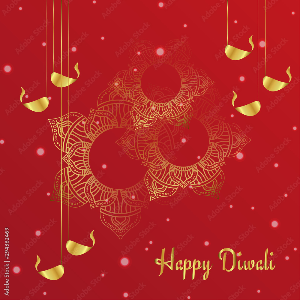 Happy Diwali greeting card design with ornamental oil lamps hang on red background.
