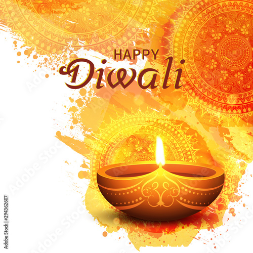 Beautiful greeting card design with realistic oil lamp on abstract floral background for Indian festival Diwali celebration.