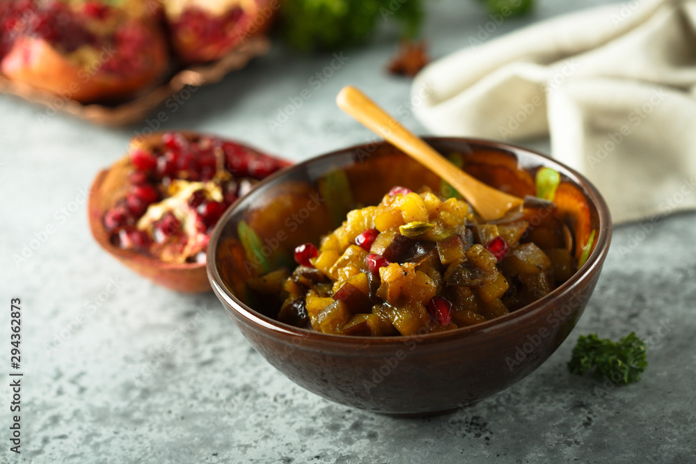 Roasted eggplant appetizer with pomegranate seeds Roasted eggplant appetizer with pomegranate seeds