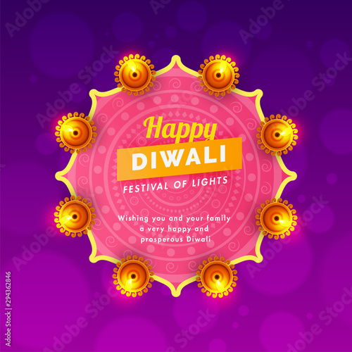 Indian Festival Diwali celebration template or greeting card design decorated with illuminated oil lamps.