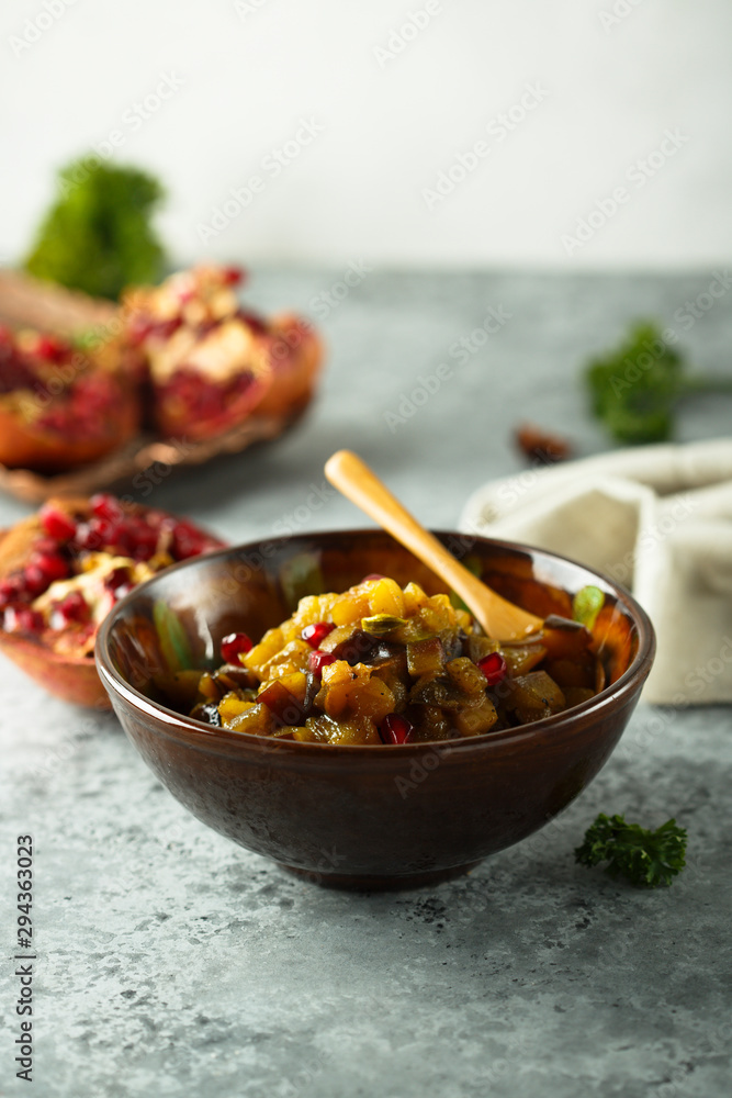 Roasted eggplant appetizer with pomegranate seeds Roasted eggplant appetizer with pomegranate seeds