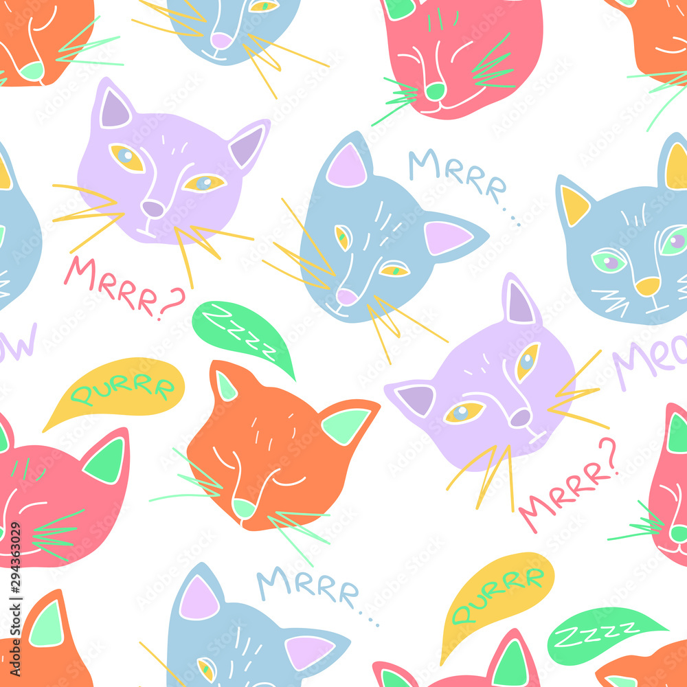 Hand drawn vector seamless pattern of cute cats head. Meowing and purring cat collection. Flat style. For textille, wallpapers, wrapping