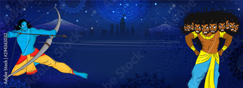 Hindu mythological Lord Rama taking an aim against demon Ravana concept for Dussehra festival on night background. Banner design.