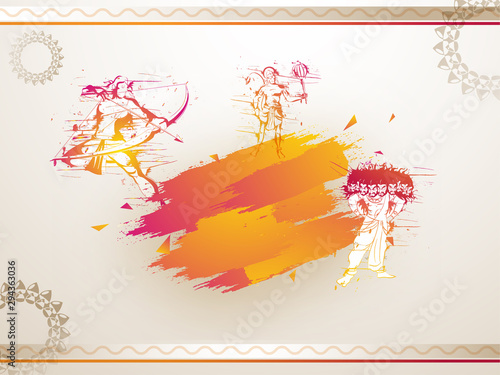 Illustration of Hindu mythological Lord Rama and his ardent devotee Hauman and demon Ravana on abstract background. Background for Dussehra Festival.