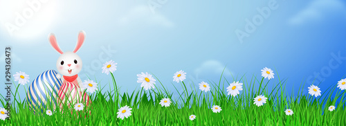 Illustration of bunny with easter egg on sunny weather background for Happy Easter header or banner design.