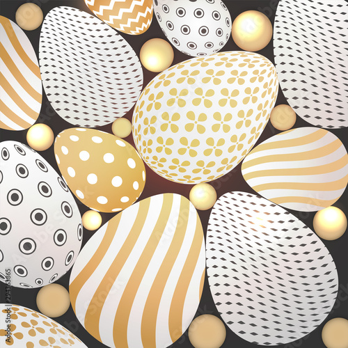 Easter celebration background decorated with realistic easter eggs and pearls.