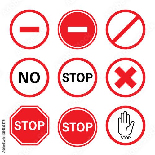 Stop sign set. Prohibited,forbidden,no, symbols. Vector illustration outline flat design style.