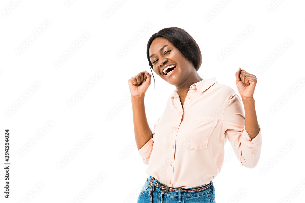 smiling african american woman showing yes gesture and looking at camera isolated on white smiling african american woman showing yes gesture and looking at camera isolated on white