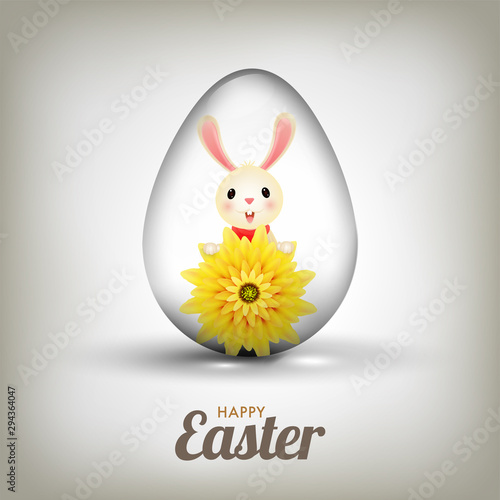 Cute bunny illustration inside transparent easter egg with beautiful flower on glossy background for Happy Easter greeting card design.