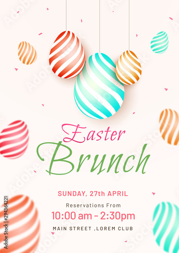 Easter Brunch template or invitation card design, illustration of colorful easter eggs with time, date and venue details.