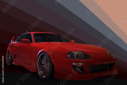 Cartoon japan tuned car on red sun background. Back view. Vector illustration.