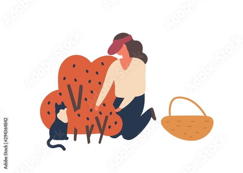Girl picking forest berries flat vector illustration