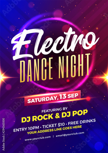 Electro dance night party template or flyer design with time, date and venue details.