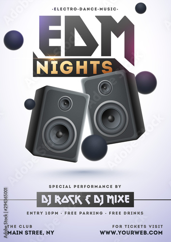 EDM Nights template or flyer design with illustration of speakers and abstract elements.