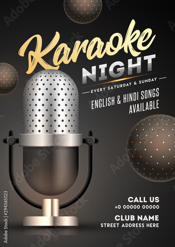 Karaoke night template or flyer design with realistic microphone and abstract elements illustration.