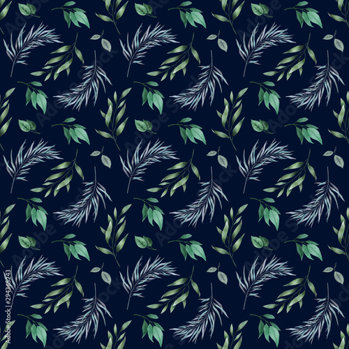 Seamless pattern with green leaves  branches