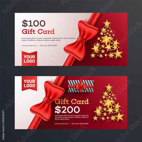 Modern gift voucher or discount coupon with different discount offers with illustration of glossy ribbon and christmas tree.
