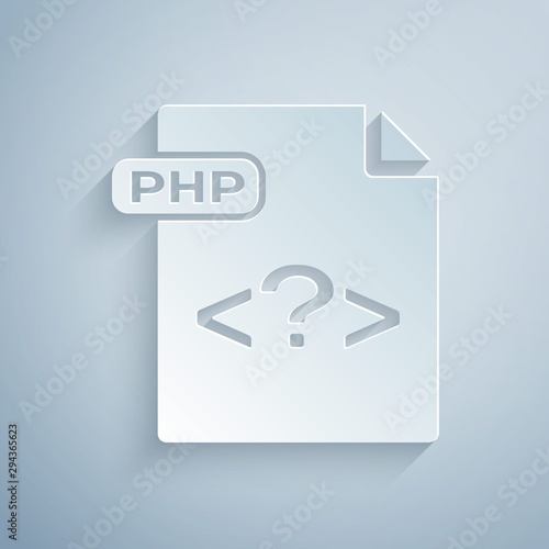 Paper cut PHP file document. Download php button icon isolated on grey background. PHP file symbol. Paper art style. Vector Illustration