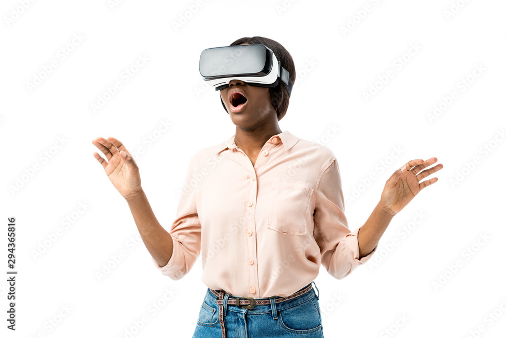 shocked african american woman in shirt with virtual reality headset isolated on white shocked african american woman in shirt with virtual reality headset isolated on white