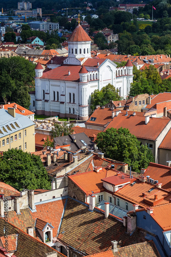 Cathedral of the Dormition of the Theotokos on Maironio street in Vilnius. It is main Orthodox Christian church of Lithuania. View from the bell tower of St John's church near Vilnius University.
