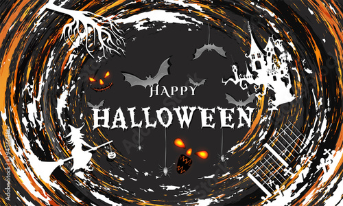 Creative poster design with scary faces, flying bats and witch on spooky background for Halloween Festival.