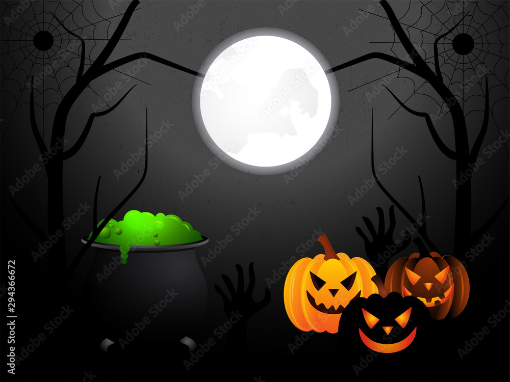 Full moon night background with illustration of scary jack-o-lanterns and magical cooking pot. Can be used as greeting card design.
