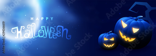 Spooky pumpkins with creative lettering of Halloween on full moon night background. Website header or banner design.