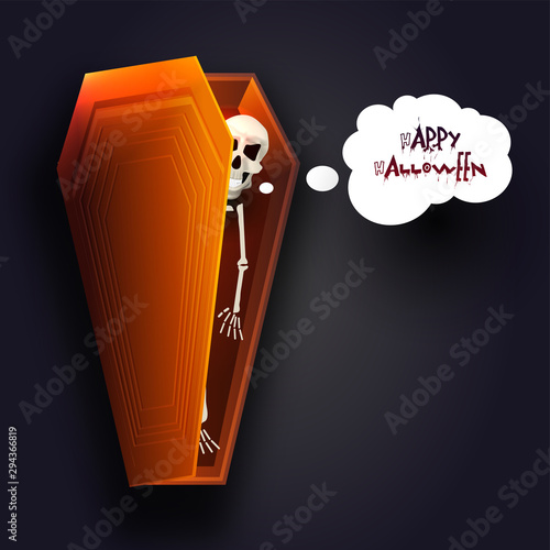 Happy Halloween greeting card design,  illustration of coffin with human skeleton on black background.