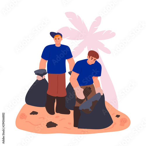 Volunteers clean up the garbage on the beach. Charity donation. Banner. Vector illustration in freehand drawn style