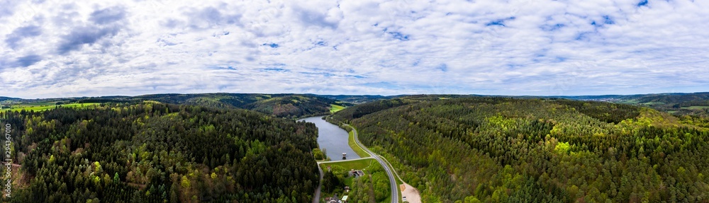 Aerial view, Marbach reservoir, Erbach, Himbachel valley, Odenwald, Hesse, Germany