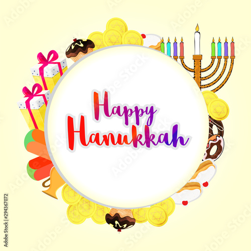 Happy Hanukkah greeting card design with gift boxes, candelabrum and food elements on yellow background.